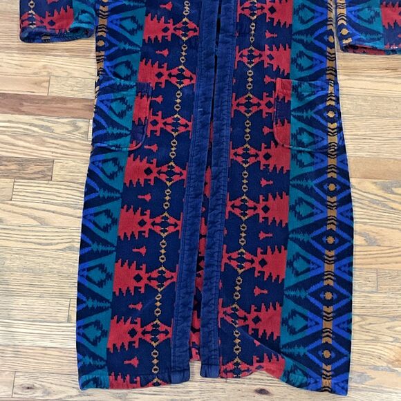 Vintage Bath Robe Cotton Terry Cloth Aztec Southwest Large Pockets 90s Stafford - Picture 3 of 7